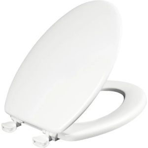 Close-up photo of a Bemis Round Molded Wood Toilet Seat in white, highlighting its simple installation process.