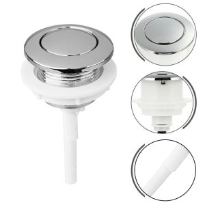 Close-up image of a single flush toilet push button made of white ABS plastic with a smooth, modern design.