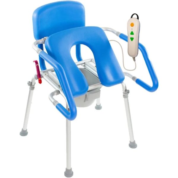 Comfortable blue shower chair featuring a detachable backrest and a remote control for easy adjustment.