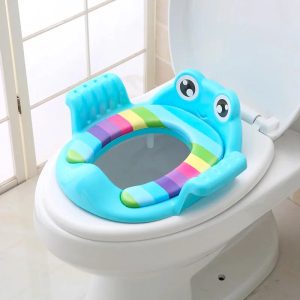 Bright blue toilet seat with a friendly green frog design, perfect for potty training toddlers.