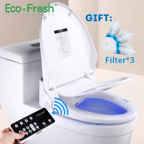 EcoFresh smart toilet in white featuring a sleek design with a remote control on the side for easy operation and a replaceable filter for hygiene.