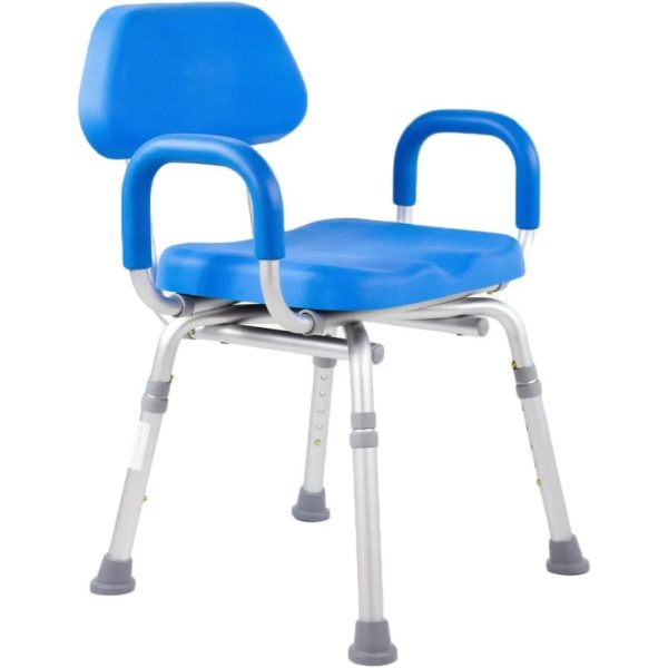 A person safely showering while seated on a comfortable padded shower chair with armrests and backrest in a beautiful modern.