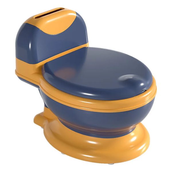 Happy toddler using a realistic toilet training seat, feeling comfortable and confident.