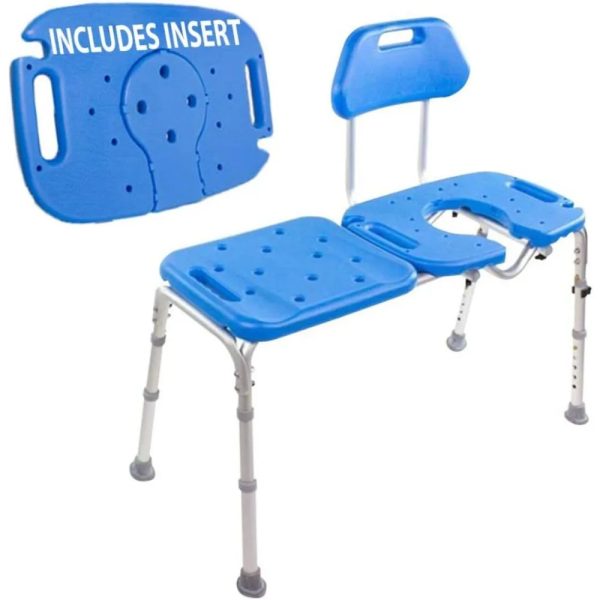 Senior woman showering safely and comfortably on a bath transfer bench with cutout.