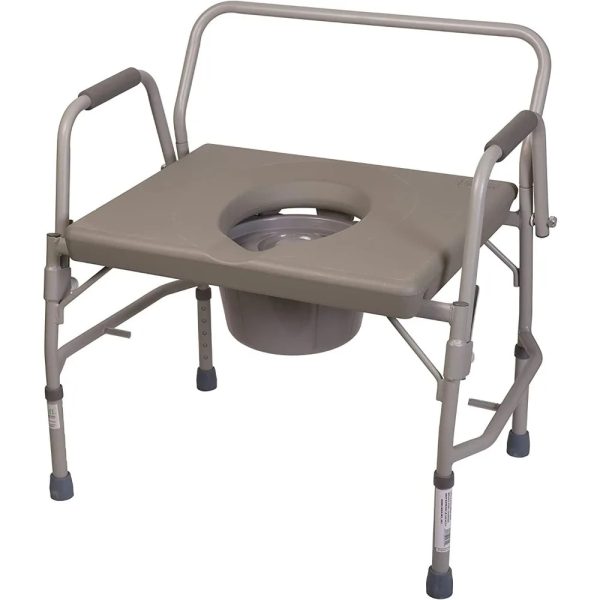 Comfortable and durable stainless steel commode chair with a padded blue seat and black handles.