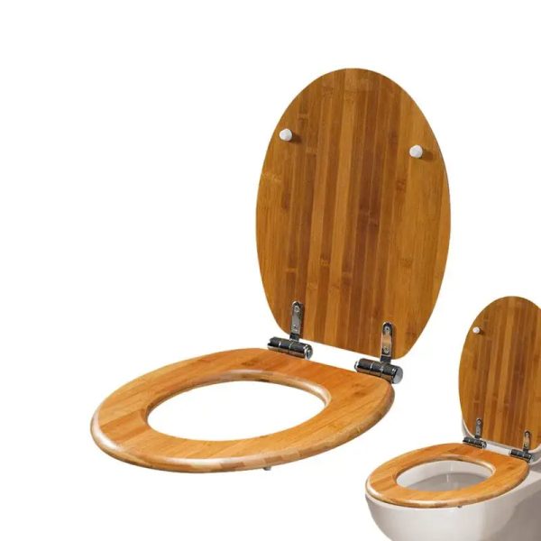 Photo of a wooden toilet seat with a contoured shape, emphasizing its comfortable sitting experience.