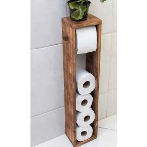 A wooden toilet paper holder with a rustic design, showcasing its capacity to hold four rolls of toilet paper.