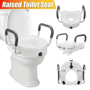 Elderly person using a raised toilet seat with grab bars for secure and comfortable bathroom use.