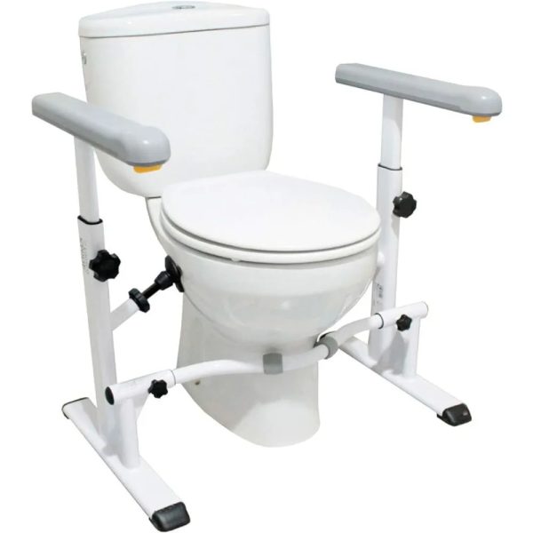 Elderly person smiling and using the toilet safely with sturdy, adjustable toilet rails