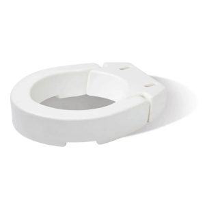 White hinged toilet seat riser comfortably positioned on a standard round toilet bowl.