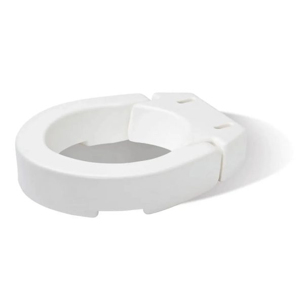 White hinged toilet seat riser comfortably positioned on a standard round toilet bowl.