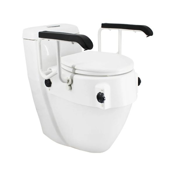 Close-up image of easy-to-use adjustment levers on a raised toilet seat for personalized height settings.