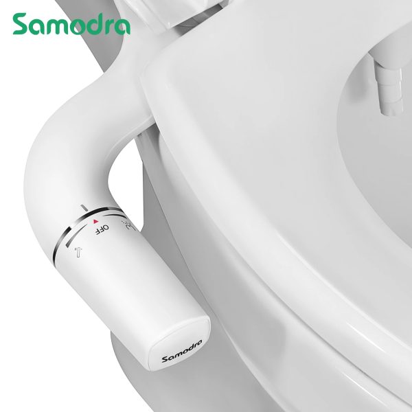 Modern white ultra-slim bidet attachment seamlessly integrated with a toilet seat, featuring a sleek spray wand.