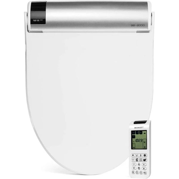 Modern white elongated smart toilet seat with a sleek design, featuring a control panel.