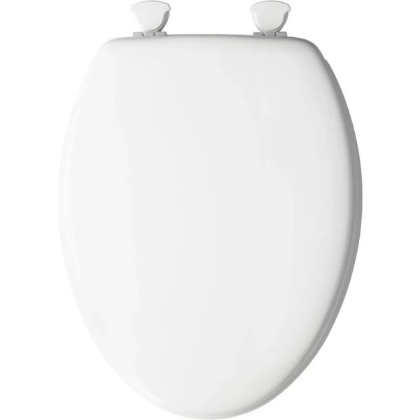 Close-up image showcasing a Bemis Round Molded Wood Toilet Seat in white, emphasizing how it can elevate the look of your bathroom.