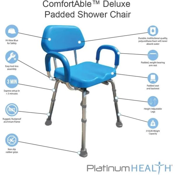 Padded shower chair with armrests and backrest featuring textured, non-slip rubber feet for increased stability in the shower.