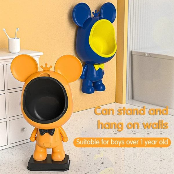 Cartoon bear urinal securely mounted on the bathroom wall with easy installation instructions.