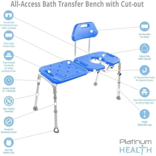 Adjustable legs on a bath transfer bench for a customized fit in any bathtub.