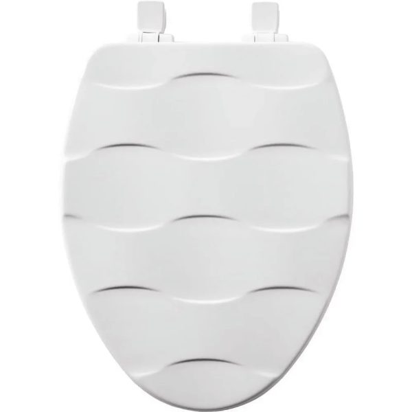 White Mayfair elongated toilet seat with slow-close hinge and a high-gloss, enameled wood finish.