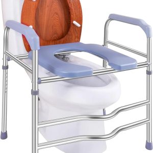 White CAREX toilet seat riser with sturdy handles securely installed on a toilet, showcasing the added height and support.