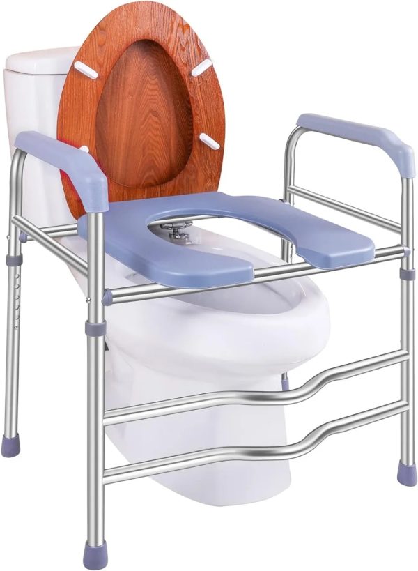 White CAREX toilet seat riser with sturdy handles securely installed on a toilet, showcasing the added height and support.