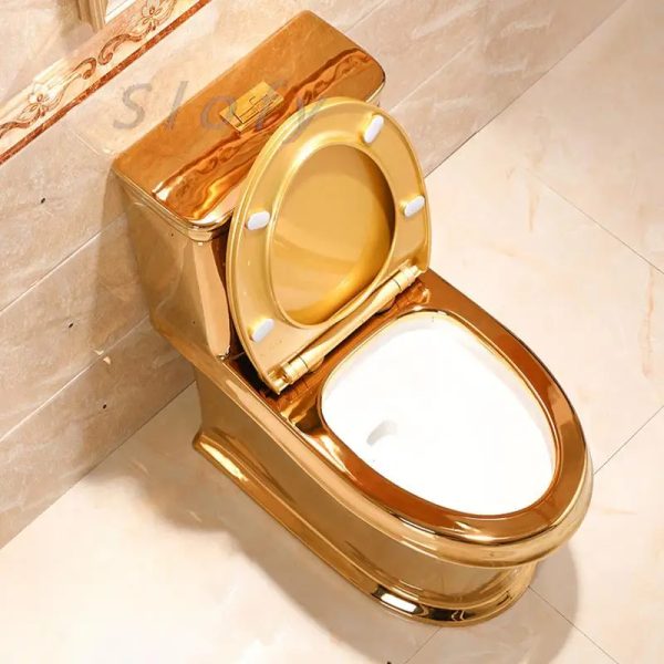 Photo of a gold toilet installed in a modern bathroom, showcasing it as a high-end bathroom upgrade.