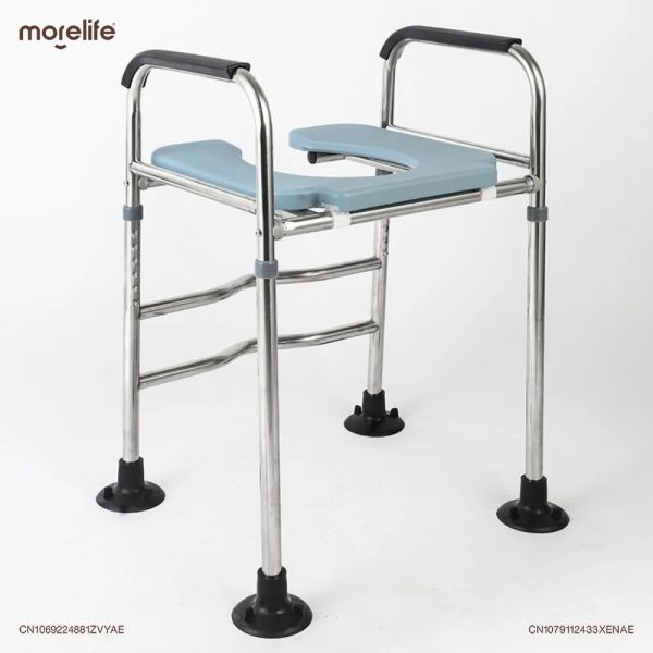 Height-adjustable commode chair with a stainless steel frame and black handles, offering easy use and support.