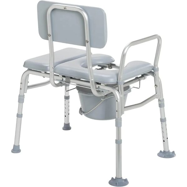 Commode chair designed with a padded seat for increased comfort and user wellbeing, especially beneficial for extended use.