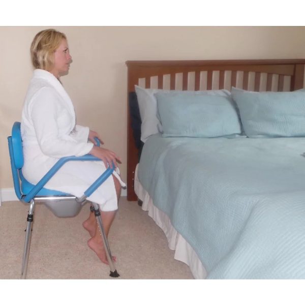 Blue shower chair with legs that can be adjusted to different heights for user preference and optimal bathing experience.