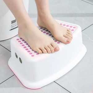 Person comfortably using a squatting toilet stool in a bathroom