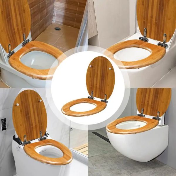 Close-up view of a wooden toilet seat with a smooth, non-porous surface for easy cleaning.