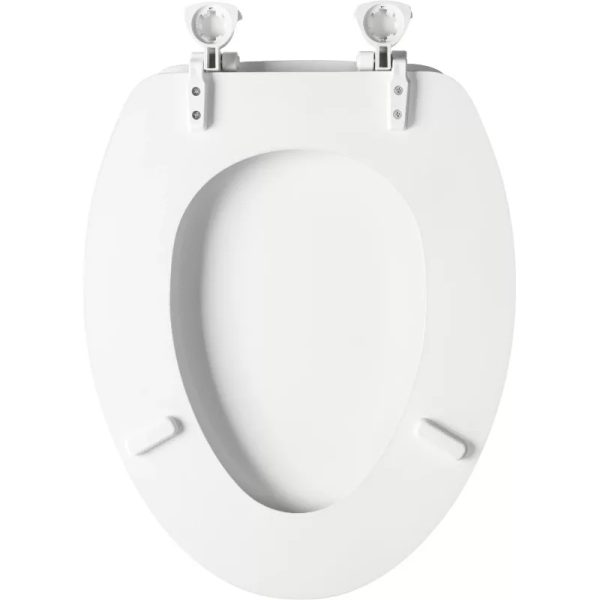 Close-up photo of a round toilet seat on a white background, highlighting its simple and classic design.