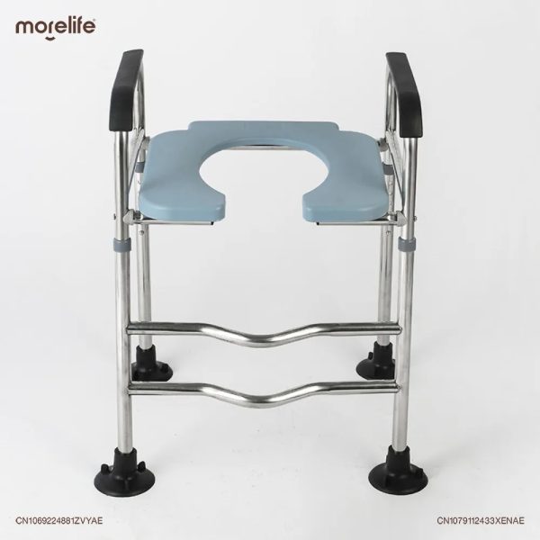 Stainless steel commode chair with a comfortable blue seat, black handles.