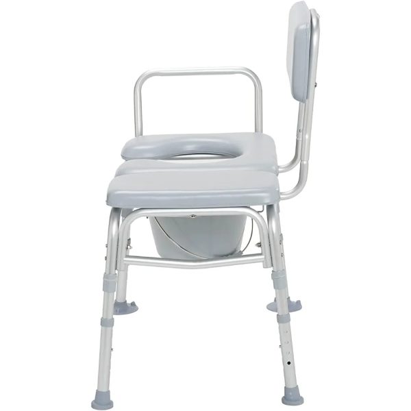 Adjustable commode chair featuring legs that can be raised or lowered to accommodate different heights and preferences.