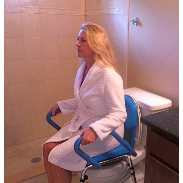 Blue shower chair with supportive armrests on either side, providing additional security and balance when transferring to or from the shower chair.