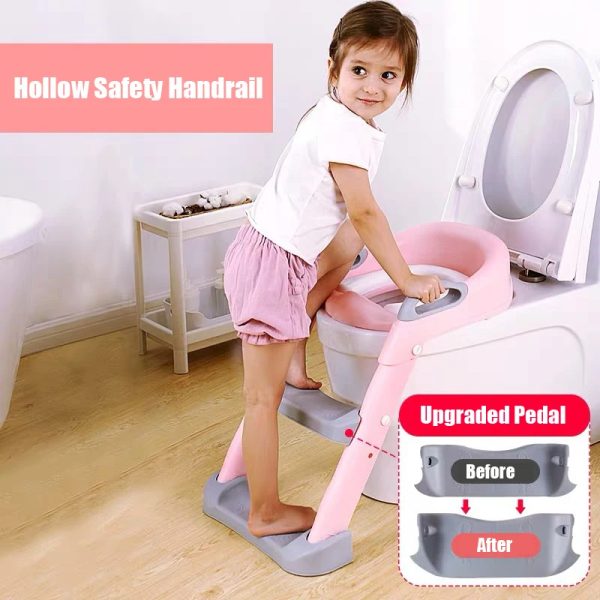 Child confidently climbing the non-slip ladder of the potty training seat with handrails for extra support.
