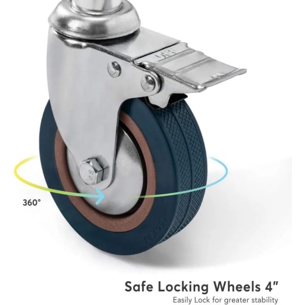 Locking brakes on a rolling shower commode transport chair for enhanced stability and safety.
