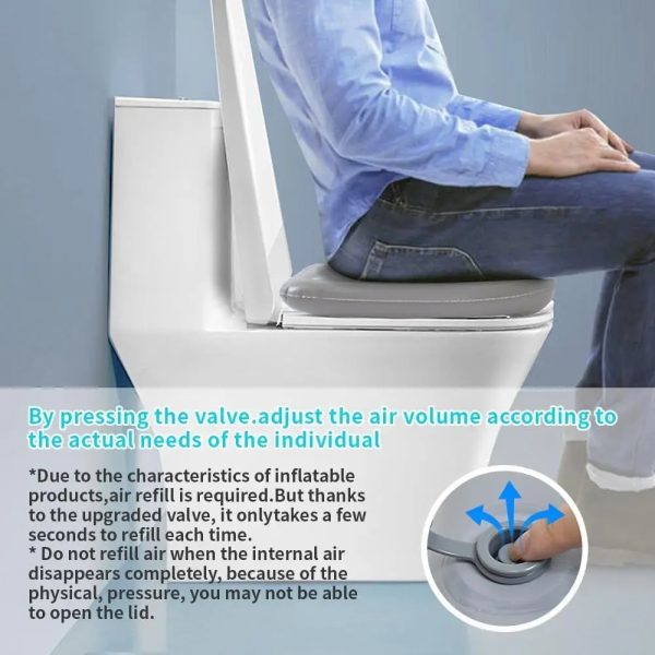 Inflatable toilet seat cushion in donut shape with adjustable height settings, perfect for pain relief.