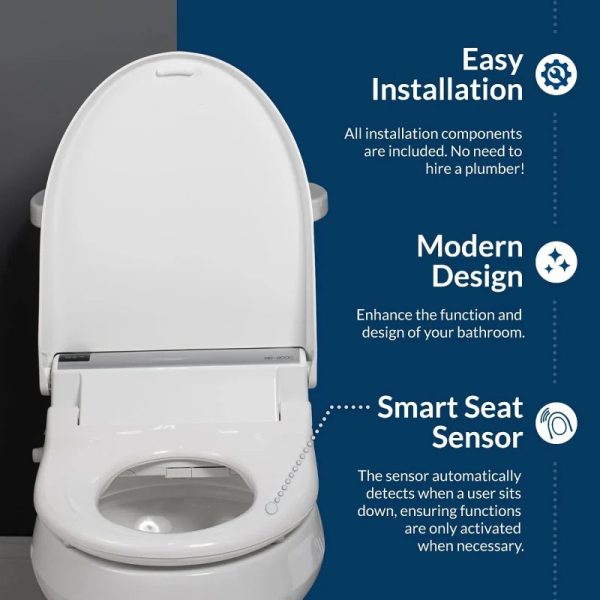 Close-up view of the heated seat function activated on the elongated smart toilet seat.