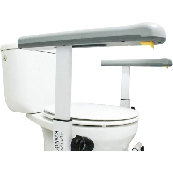 Close-up view of adjustable height and width toilet rails with secure attachment points