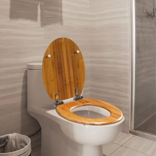 Photo of a wooden toilet seat installed on a toilet, demonstrating how it can elevate a bathroom's design.