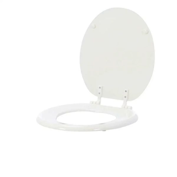 Close-up photo of a Bemis Round Molded Wood Toilet Seat in white, emphasizing its comfortable and supportive design.