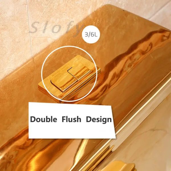 Gold toilet displayed in a bathroom with white walls and chrome fixtures, emphasizing how it adds a touch of glamour.