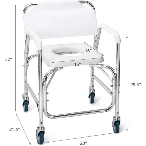 Comfortable padded seat and backrest on a rolling shower commode transport chair for added comfort and support.