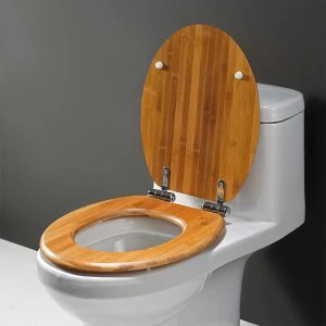 Close-up view of the wooden toilet seat material with a smooth finish, highlighting its durability.