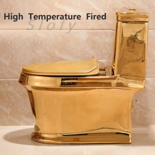 Photorealistic image of a gold toilet in a sophisticated bathroom setting, targeting those who appreciate high-end design.