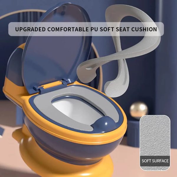 Realistic potty training seat with comfortable padding and splash guard, designed for toddlers.