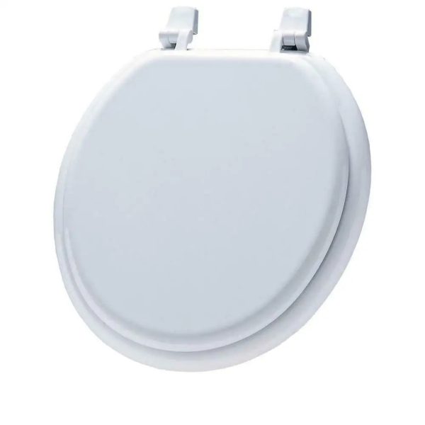 Close-up view of a classic white Bemis Round Molded Wood Toilet Seat, ideal for a timeless bathroom aesthetic.