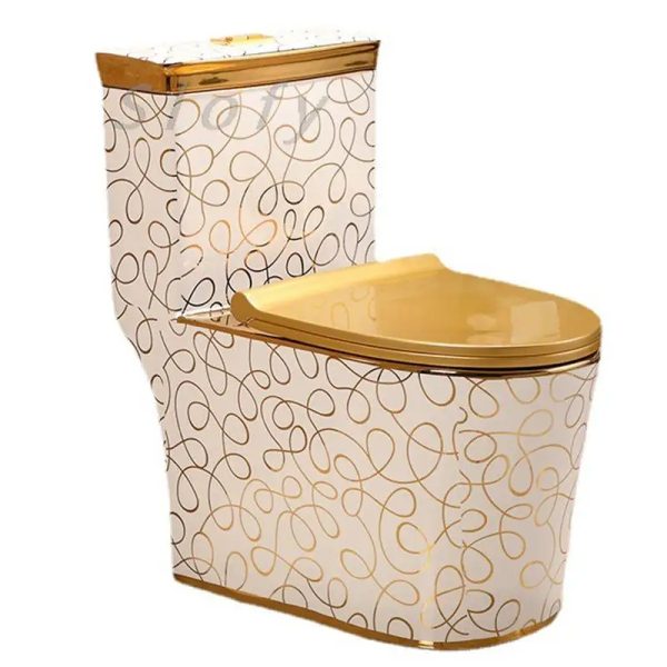 Gold toilet displayed in a bathroom interior, emphasizing how it creates a unique and eye-catching feature.