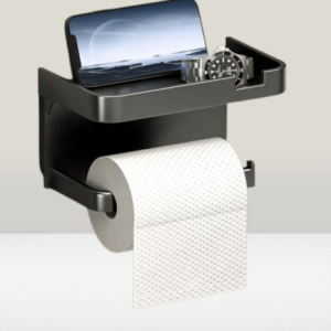 Double-Layer Toilet Tissue Organizer Holder mounted on a bathroom wall. It features a chrome finish and has a roll of toilet paper on each tier.